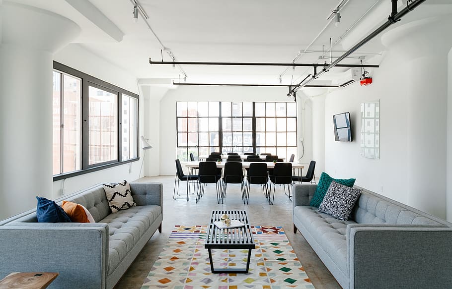 gray living room set, interior, design, tables, chairs, white HD wallpaper