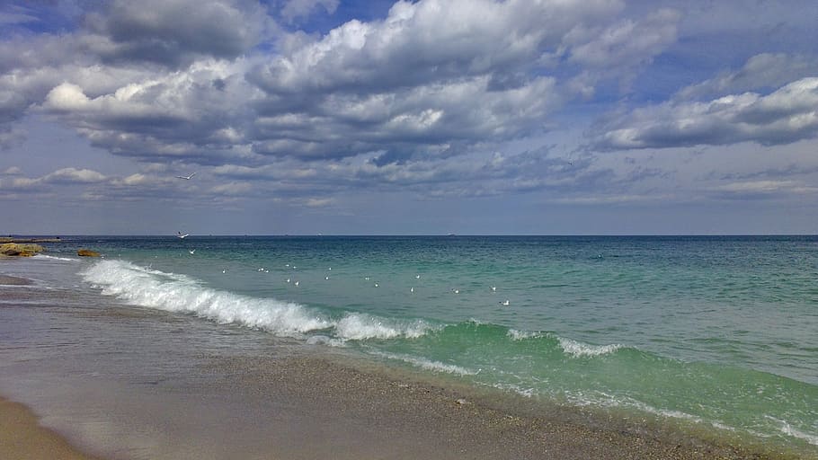 sea, beach, sky, water, cloud - sky, land, horizon, horizon over water HD wallpaper