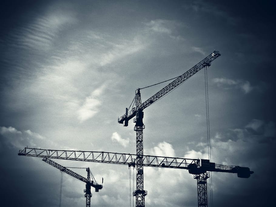 construction cranes, baukran, site, technology, sky, construction work HD wallpaper