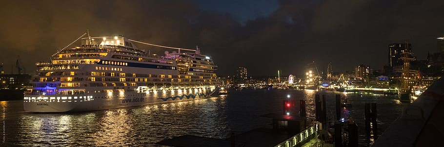 white cruise ship during night time, hamburg, hafengeburtstag