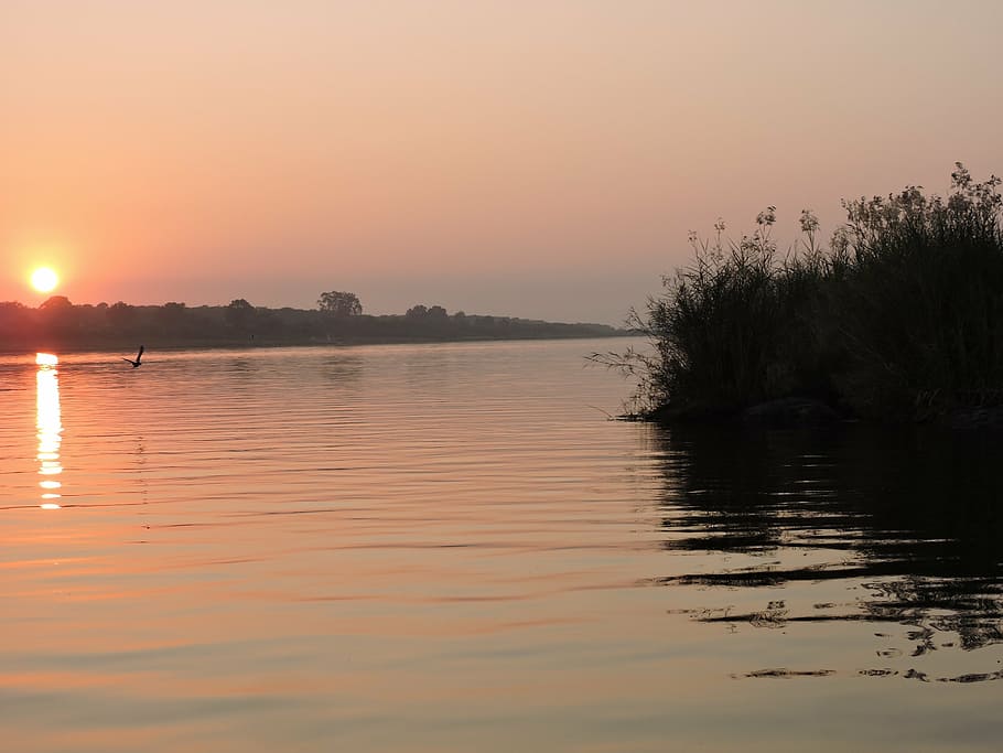 sunset, river, water, scene, dusk, evening, nature, sunset sky HD wallpaper