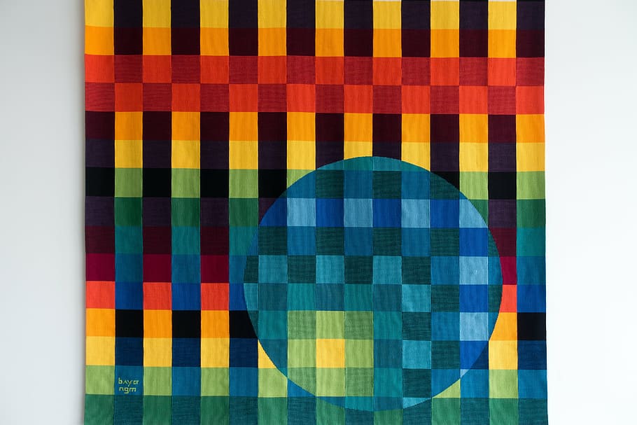 tapestry, square, district, yellow, orange, green, blue, turquoise HD wallpaper