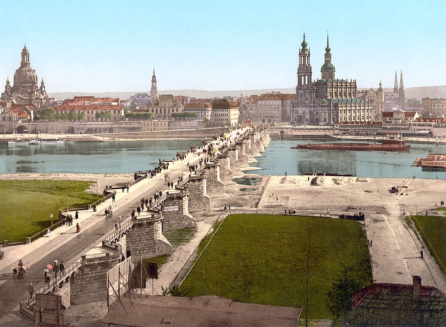 dresden, city, old town, frauenkirche, 19 century, photochrom