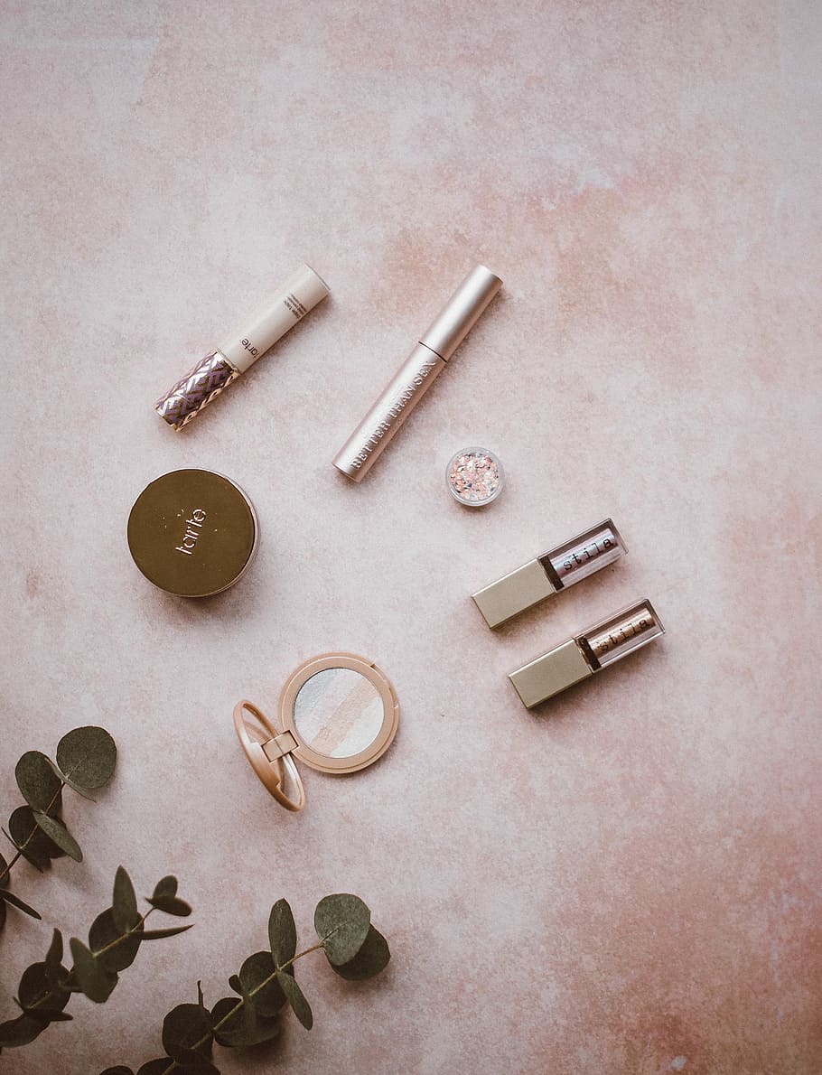 Make up, cosmetic on table, flatlay, makeup, mascara, compact HD wallpaper