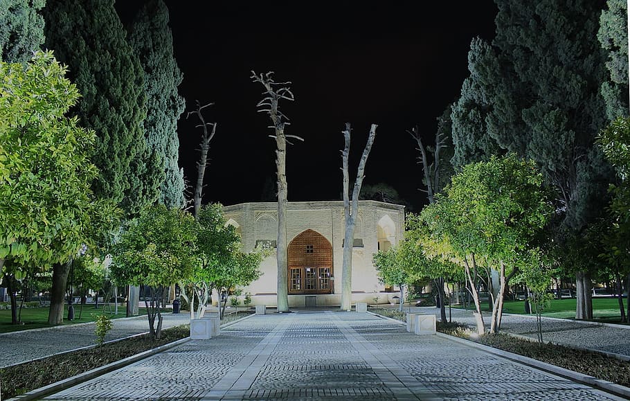 park, building, night, evening, architecture, plaza, walkway HD wallpaper