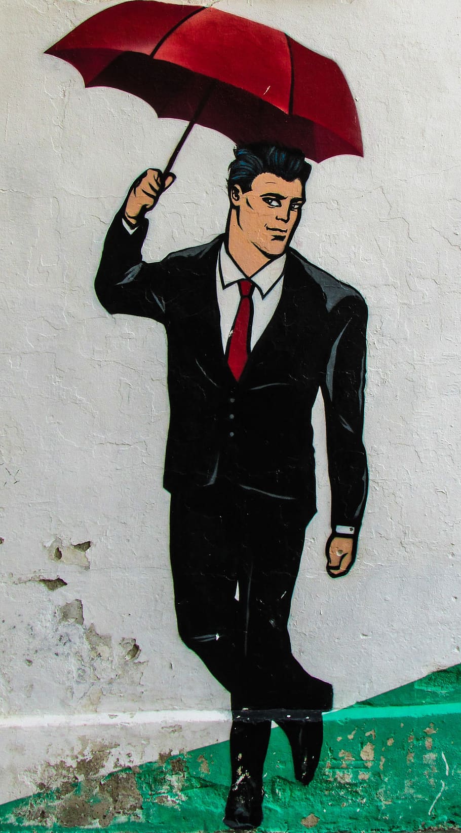 graffiti, man, umbrella, suit, dancing, red, wall, pop art, HD wallpaper