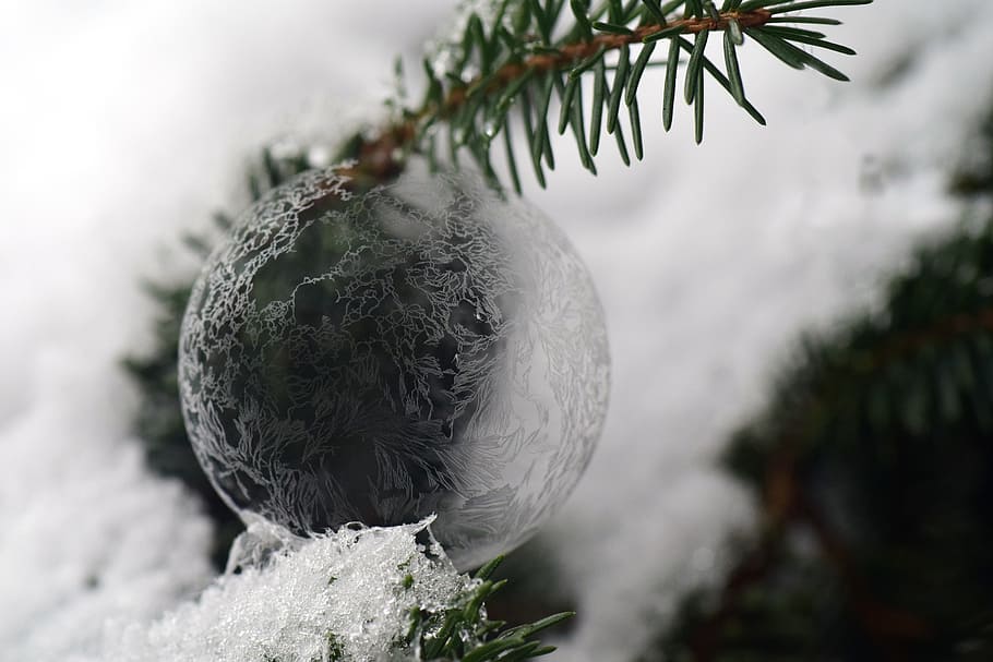clear glass bauble, ball, ice ball, frosty, frozen, soap bubble, HD wallpaper