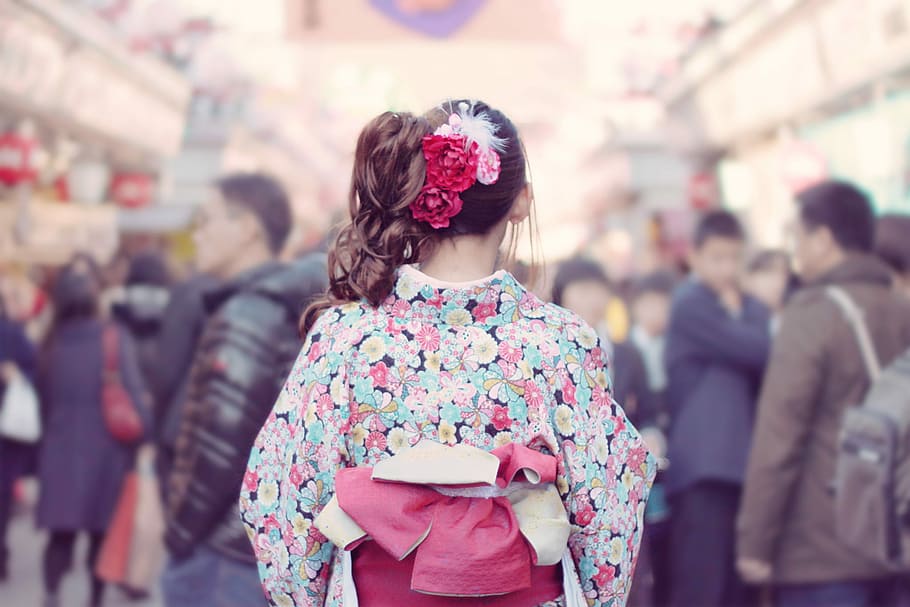 woman wearing kimono selective photography, people, women, street HD wallpaper
