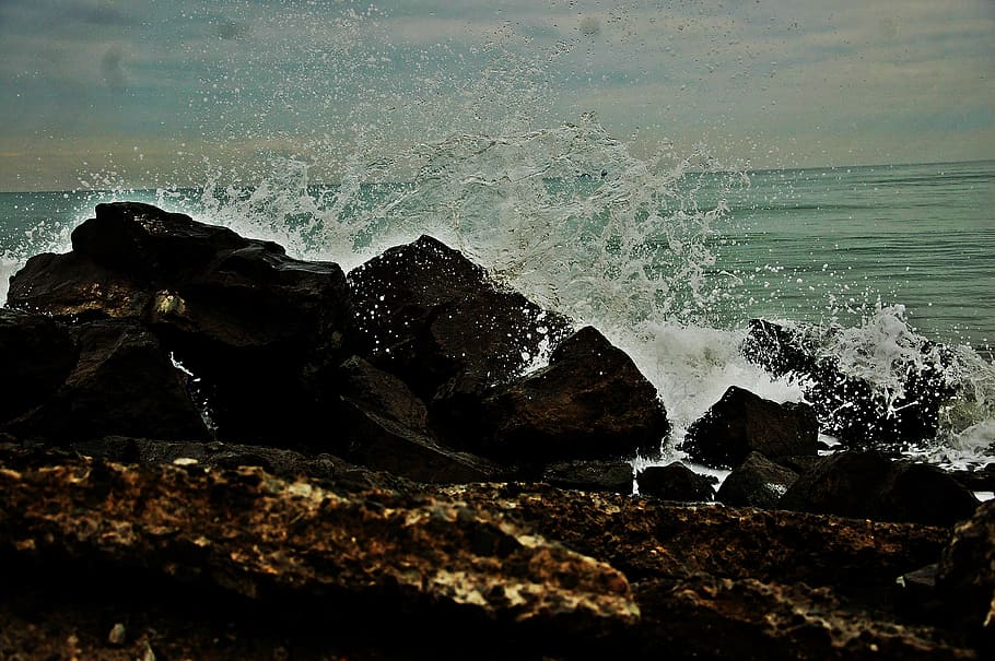beach, rock, waves, sea, nature, rock - Object, coastline, water HD wallpaper