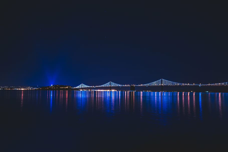 bridge, lights, night, water, reflection, dark, architecture HD wallpaper