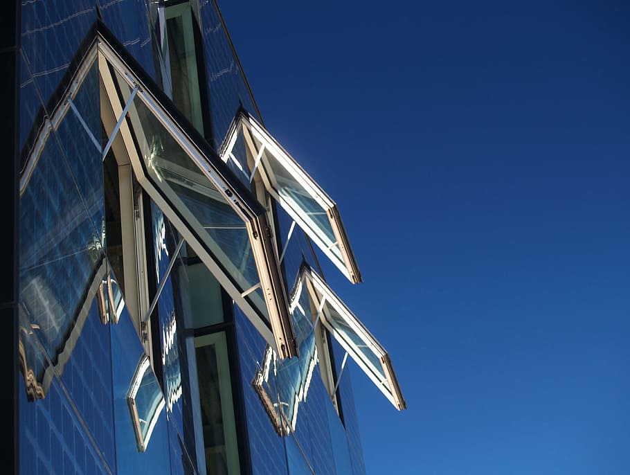 Window, Facade, Glass, Architecture, Sky, blue, opening, low angle view HD wallpaper