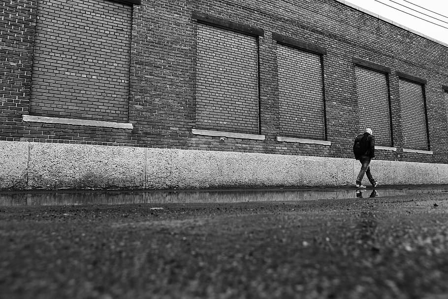 person wearing jacket in grayscale photorgraphy, industrial, building, HD wallpaper