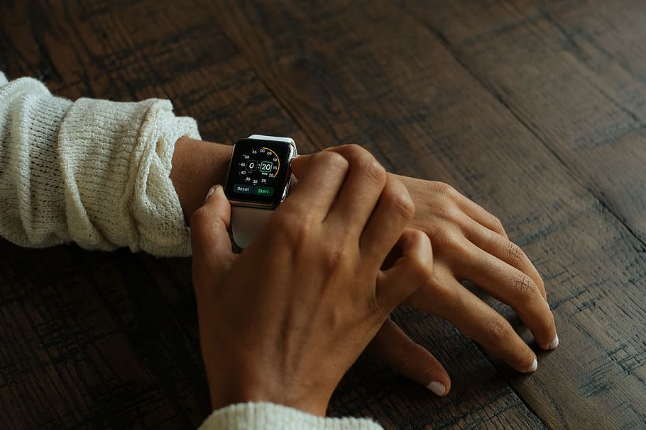 silver aluminum Apple Watch with white Sport Band, person wearing smartwatch, HD wallpaper