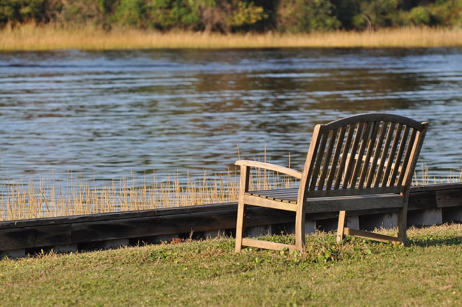bench, water, outdoor, grass, lake, plant, nature, seat, day HD wallpaper