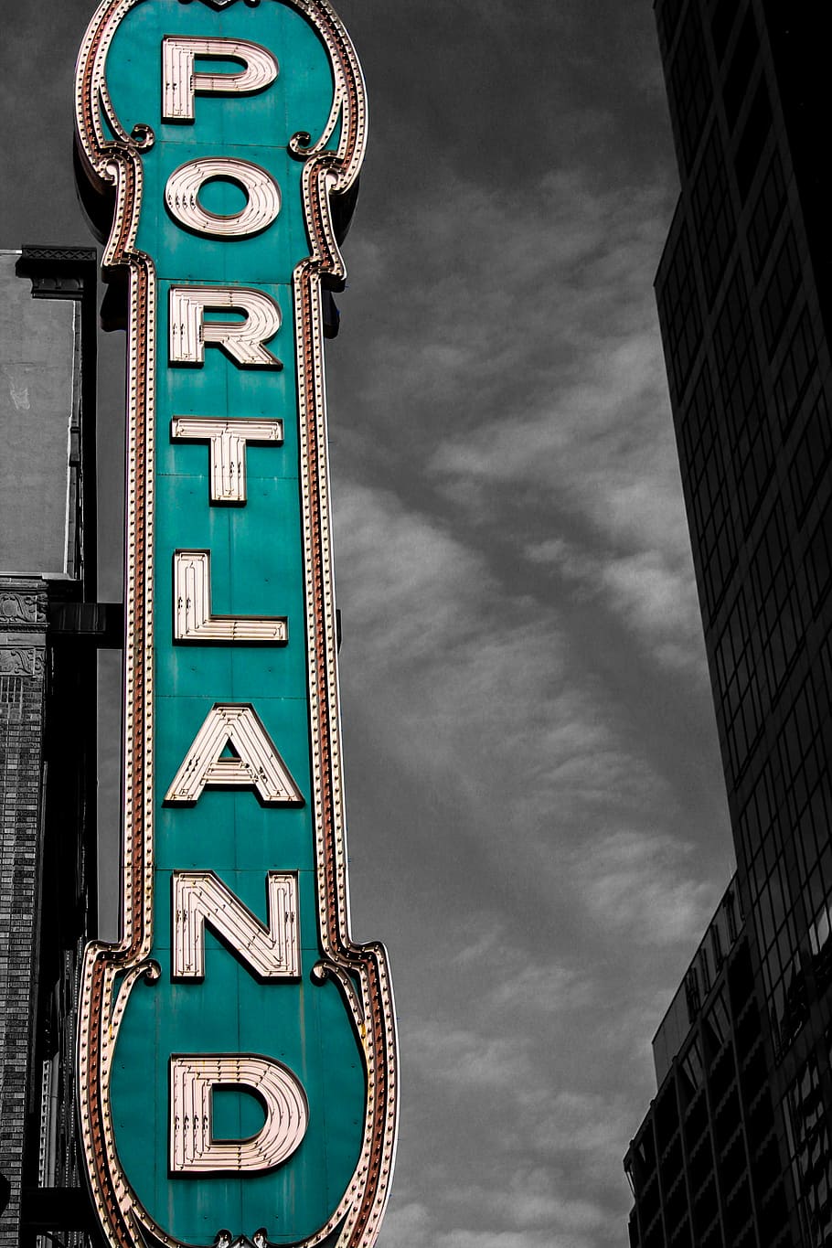 Portland signage, selective color photography of Portland signage, HD wallpaper
