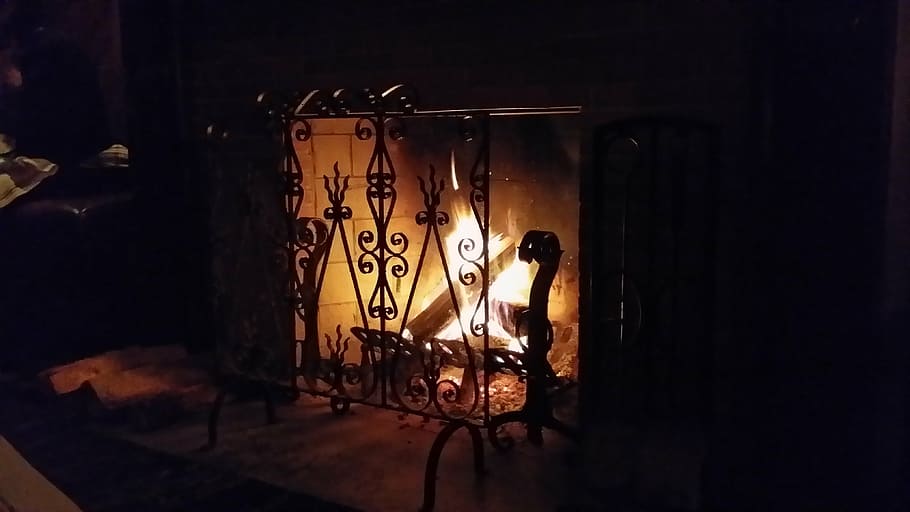 black metal fireplace screen, iron, warm, hot, flame, heat, interior, HD wallpaper