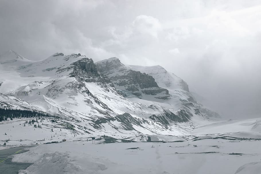 panoramic photography of mountain covered snow, snow-covered mountain under white clouds HD wallpaper