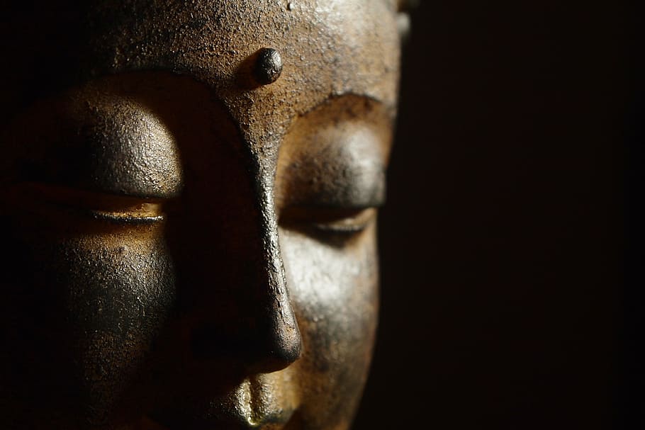 close-up photography of Buddha head, statue, religion, symbol, HD wallpaper