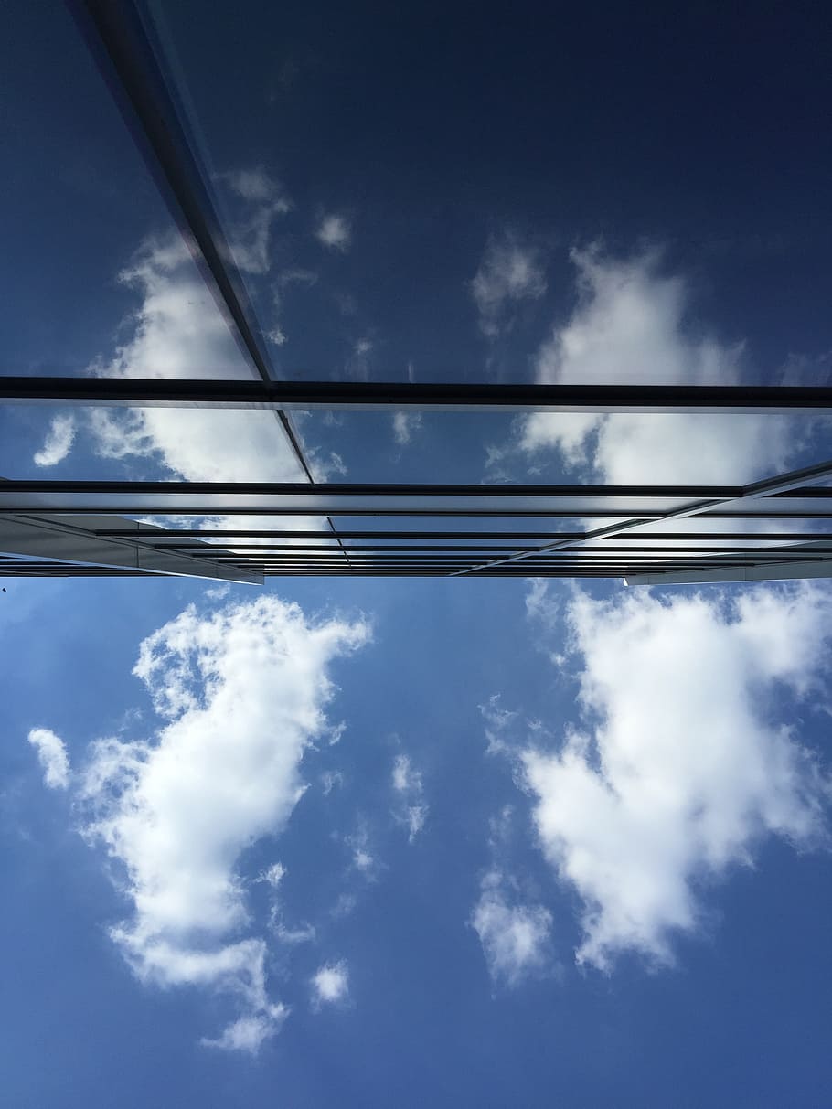 reflection, building, clouds, cloud - sky, low angle view, blue HD wallpaper