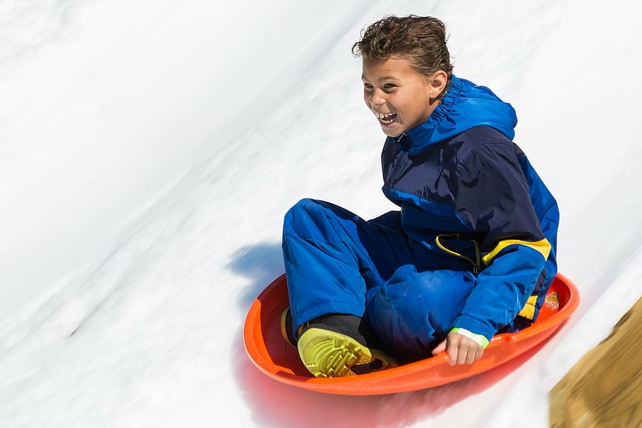 snow, sled, fun, winter, child, outdoors, smiling, sport, happiness HD wallpaper