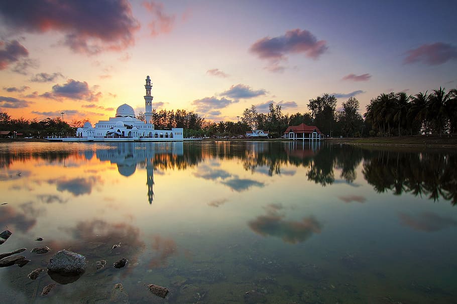 arches, concrete structure, dawn, dome, dusk, lake, landscape HD wallpaper