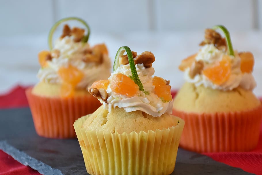 selective focus photo of cupcakes, muffin, candy, tart, cake decorations HD wallpaper