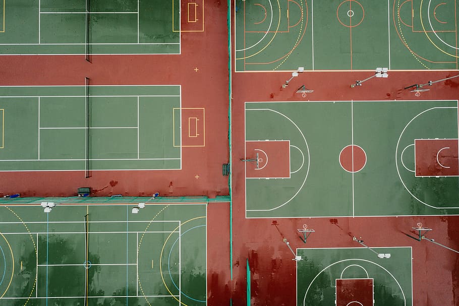 sports courts, aerial photography of basketball and tennis courts
