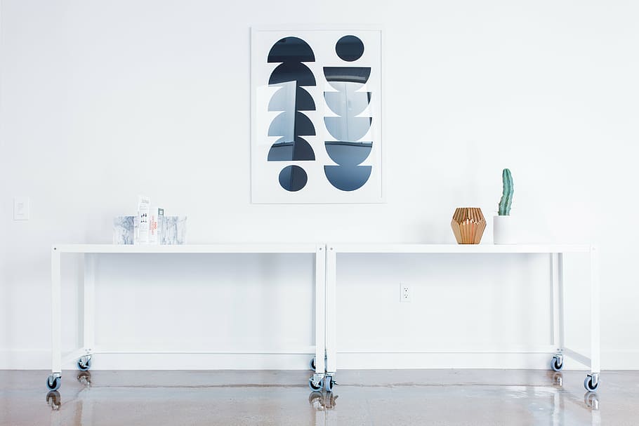 two white metal side tables, architecture, building, infrastructure HD wallpaper