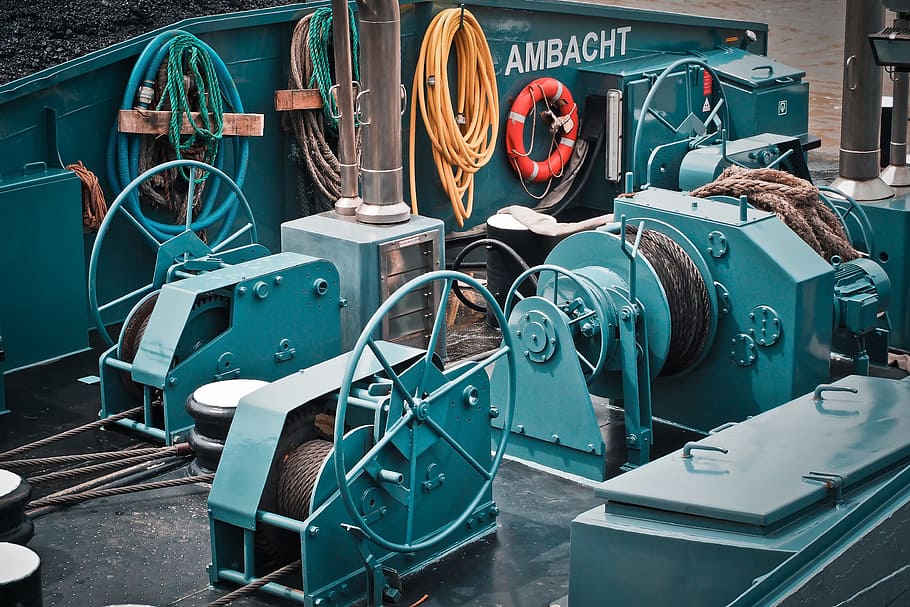 Green Ship Metal Power Tool Beside Yellow Coated Hose, deck, engine HD wallpaper