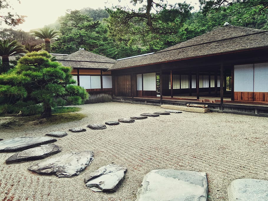 view of oriental house near tree, japanese, garden, stones, path