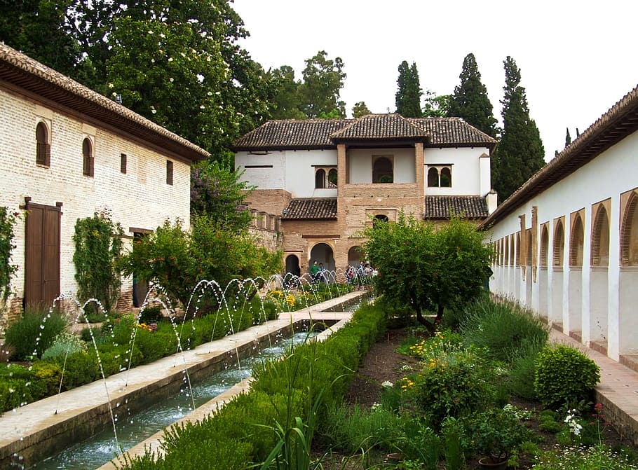 water fountain between building, alhambra, granada, garden, andalusia