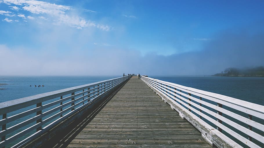 gray and white wooden sea dock under blue and white sky at daytime, wooden dock on body of water HD wallpaper