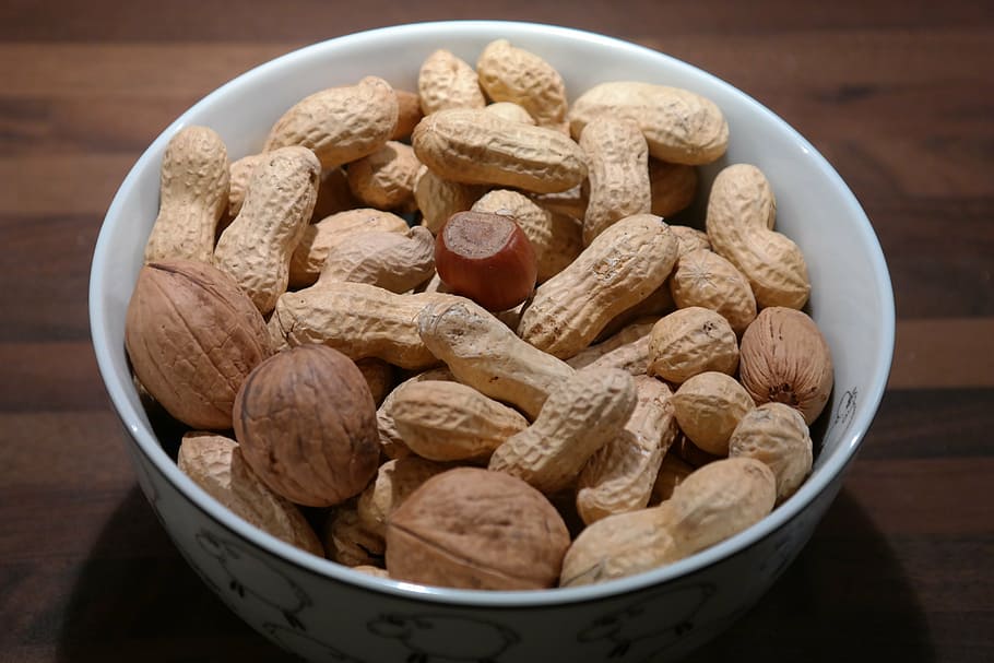 bowl of peanut, nuts, peanuts, walnuts, hazelnut, shell, eat HD wallpaper