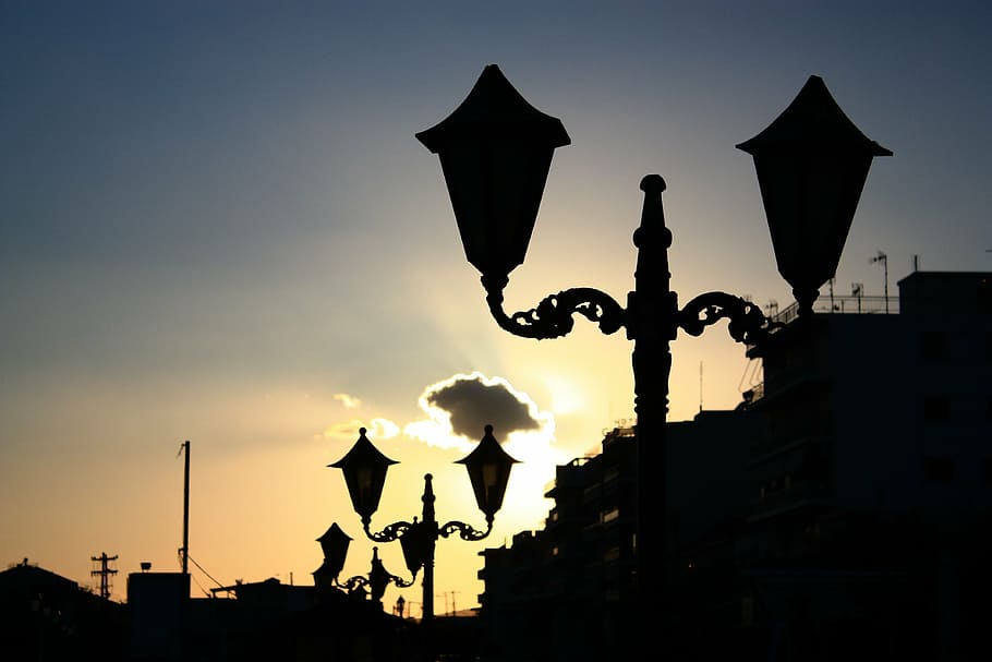 sunset, traffic lights, night, sky, silhouette, street light HD wallpaper