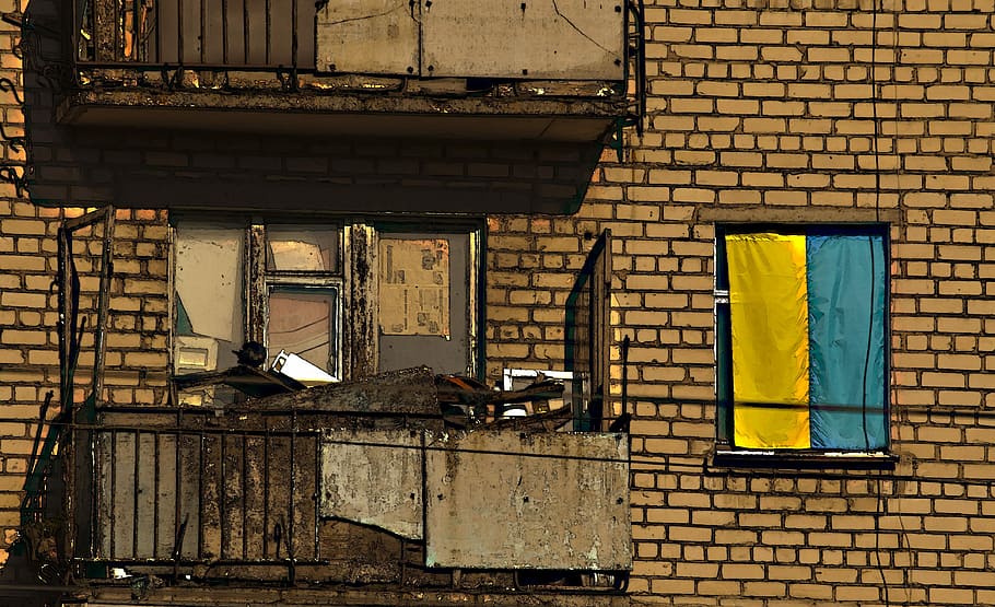 balcony, garbage, window, flag, ukraine, house, wall, architecture HD wallpaper