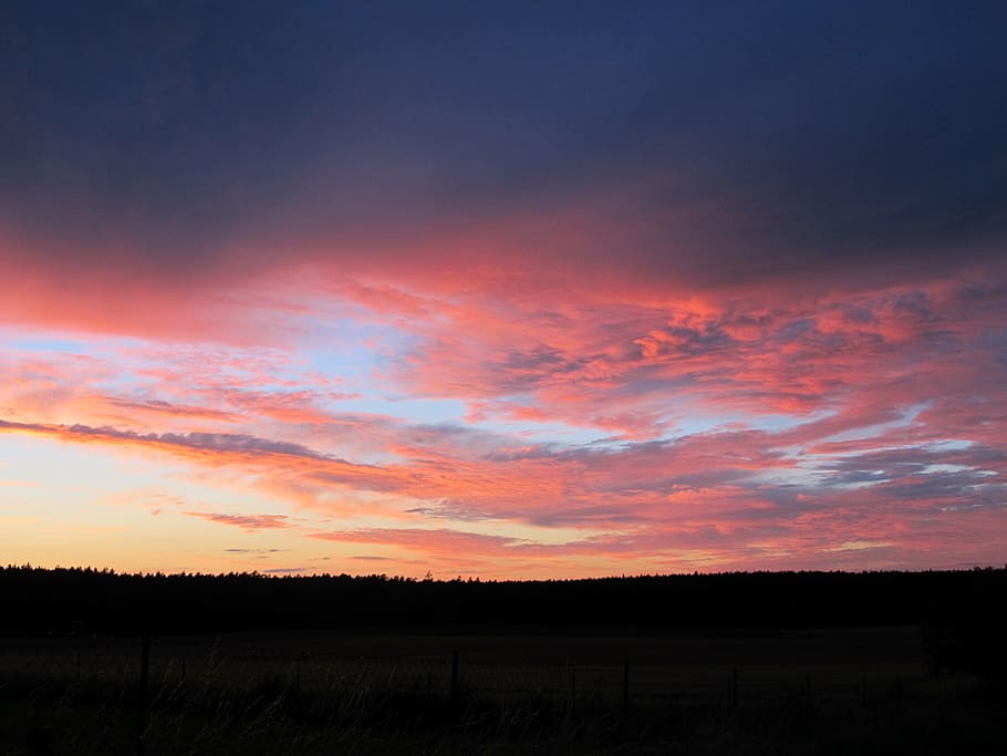 evening sky, clouds, afterglow, red, horizon, mood, romantic HD wallpaper