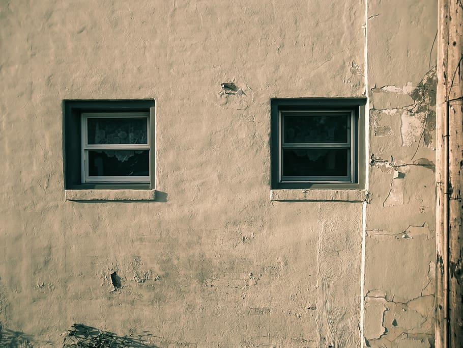 two white sash windows, wall with window, utility pole, peeling paint HD wallpaper