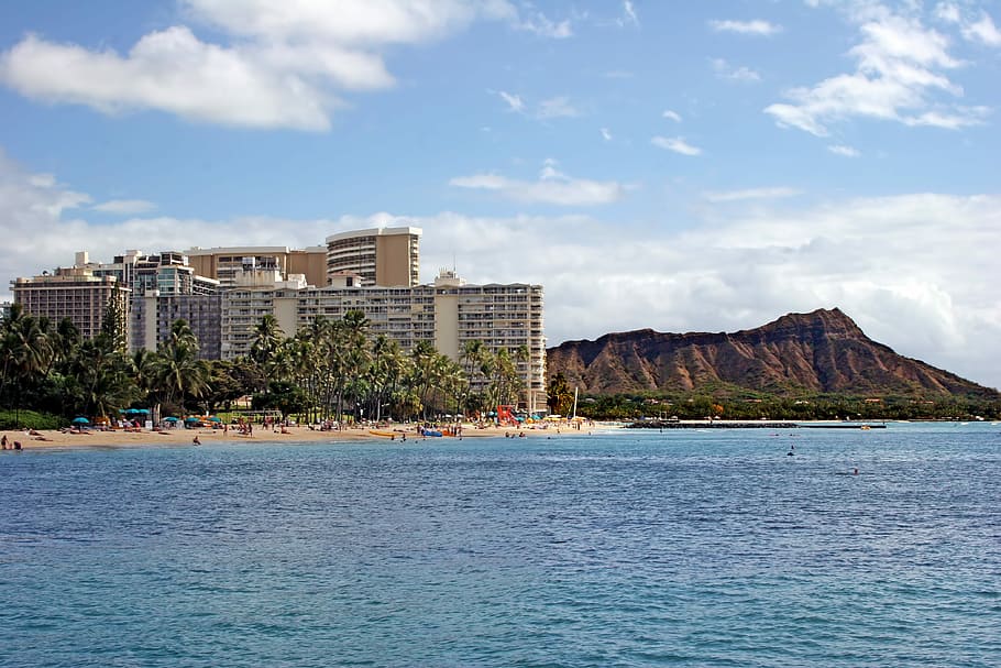 Hawaii, Diamond Head, Hotel, Honolulu, oahu, waikiki, beach, HD wallpaper