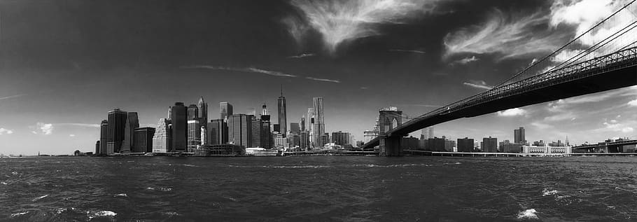 Brooklyn bridge, New York City grayscale photo, manhattan, black and white, HD wallpaper