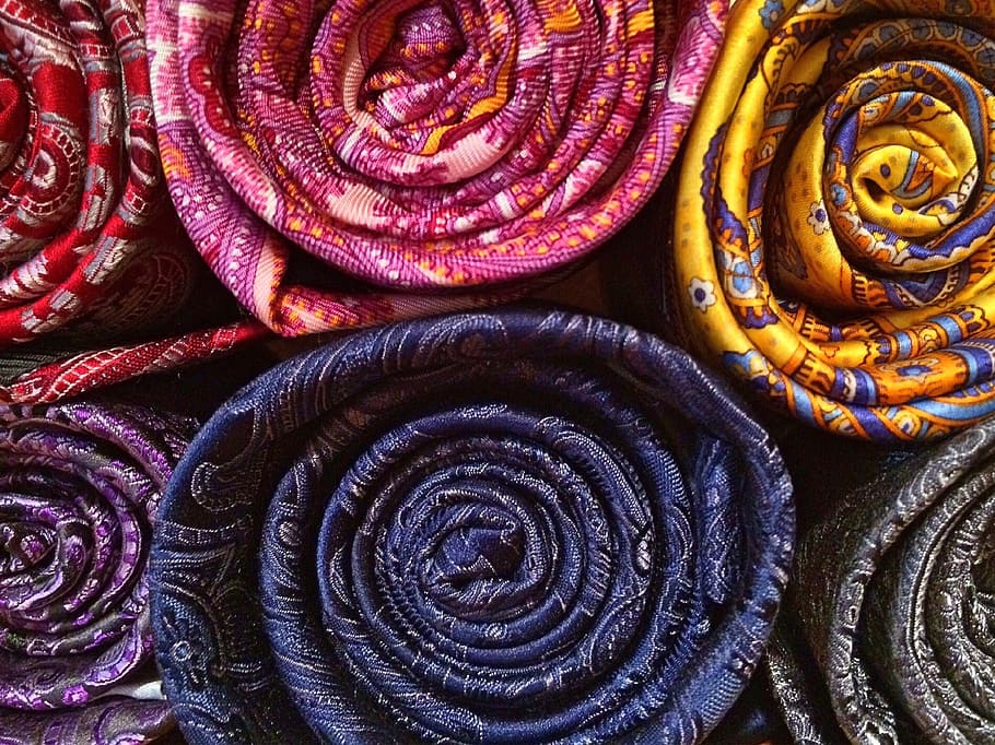 roll of assorted-color-and-pattern textiles, photo, silk, cloth HD wallpaper