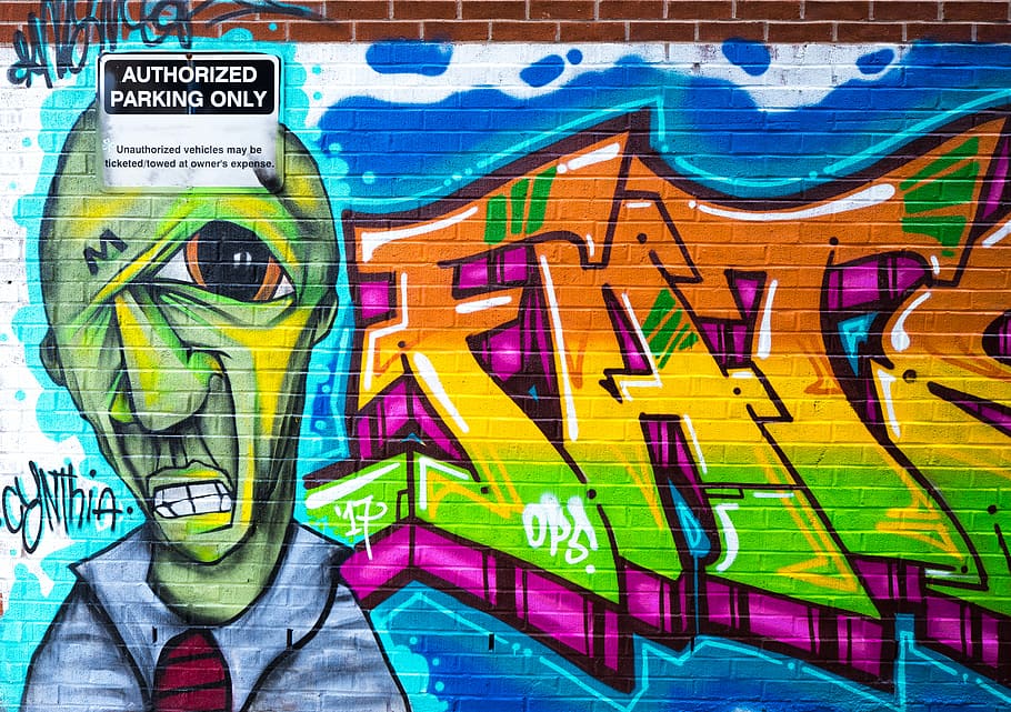 purple and orange graffiti, cyclops man with fats text wall art HD wallpaper
