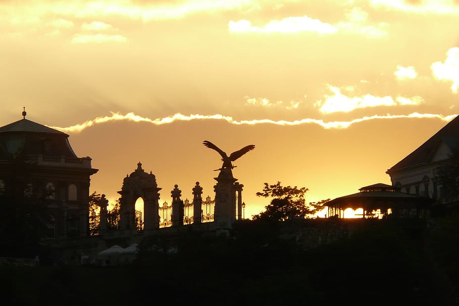 sunset, back light, silhouette, mood, sky, building exterior HD wallpaper