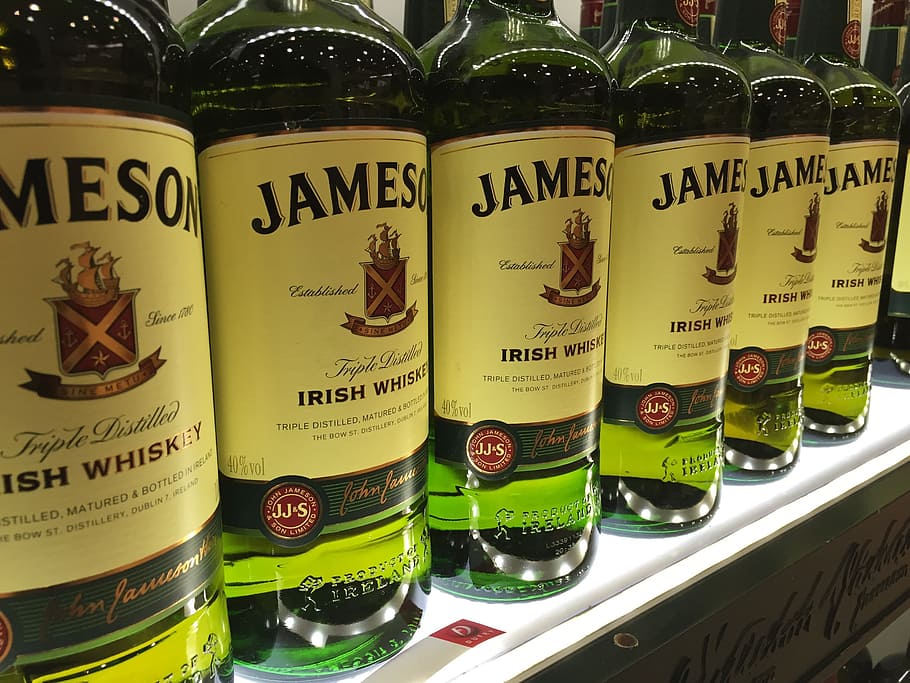 line-up Jameson Irish Whiskey bottles, drink, liquor, bar, alcohol