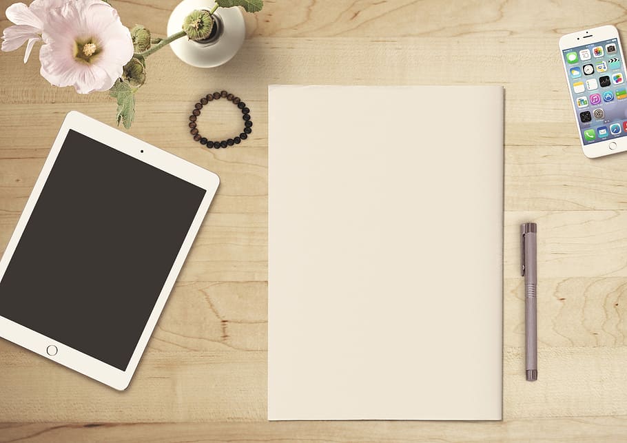white iPad on table, paper, tablet, mobile phone, flower, pen