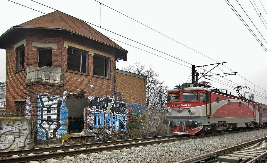 old railway station, abandoned, ruins, train, locomotive, brick wall, HD wallpaper