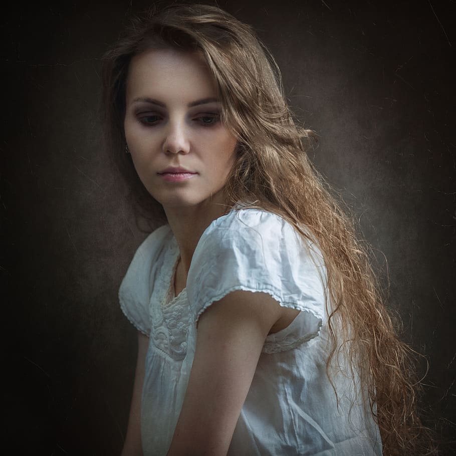 woman wearing white top, portrait, classic portrait, view, model HD wallpaper