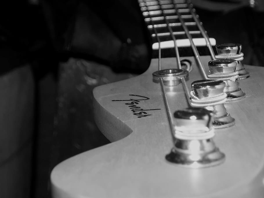 grayscale photography of Fender 4-string bass guitar, Strings