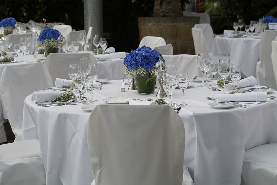 tables with glassware and dinnerware and tablecloth, Wedding
