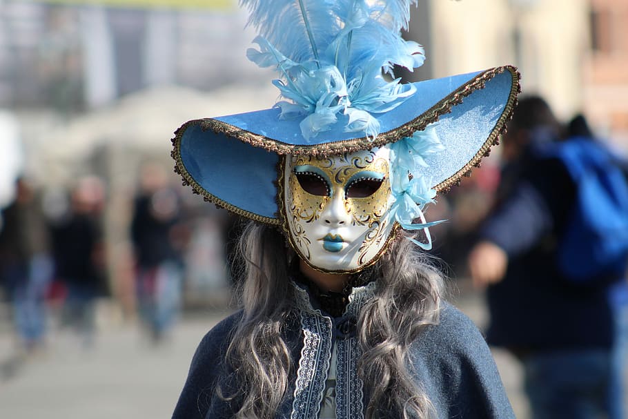 woman in white mask taking selfie, venice, carnival, creativeness