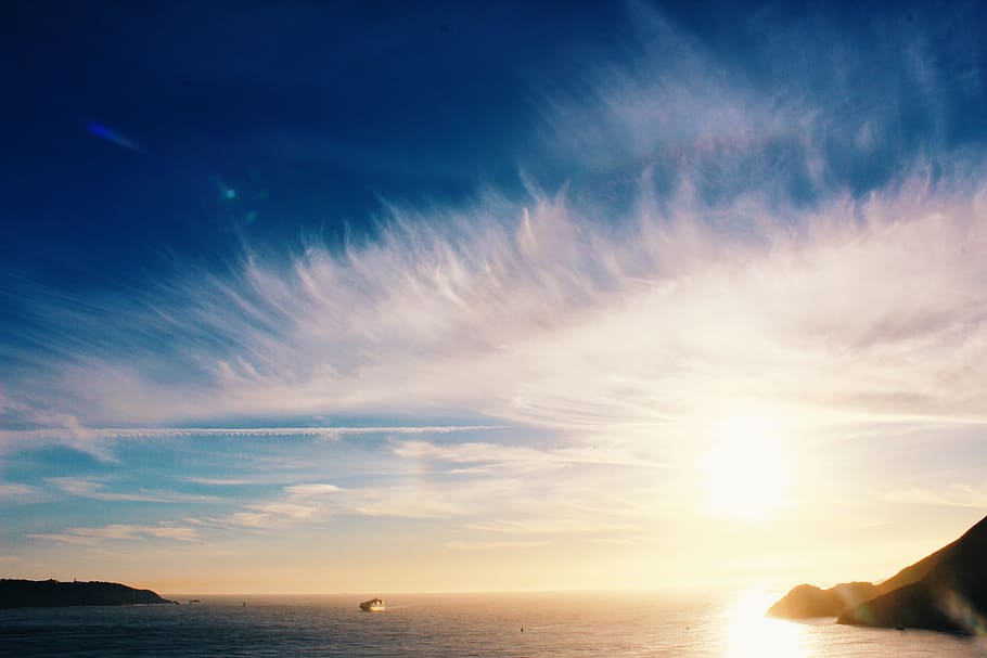 sky, clouds, sunset, ocean, sea, water, boat, landscape, horizon HD wallpaper